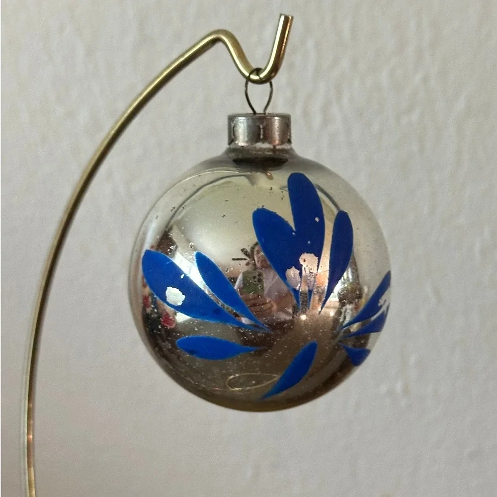Vintage Heim Mercury Glass Christmas Ornament Blue Painted Petals Silver 2''